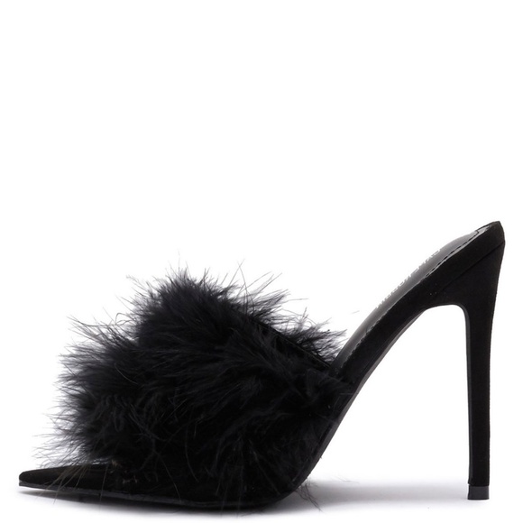 NEW🔥Feather Fur Stiletto Heel Mule Sandal PeepToe - Picture 3 of 5